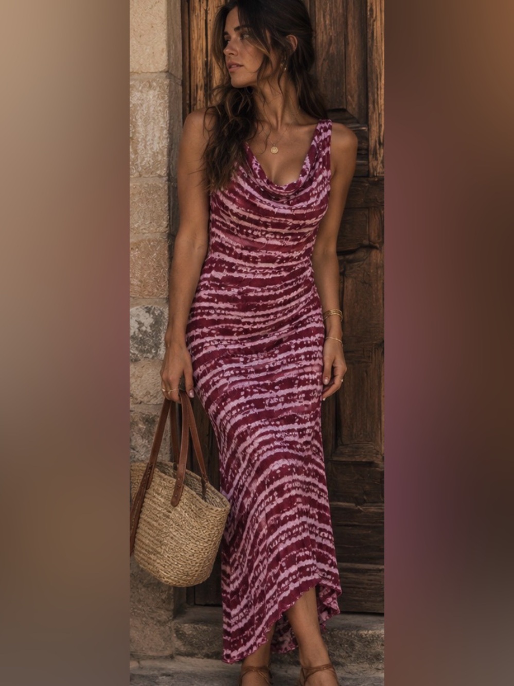 Fresh Produce Drape Burgundy Pink Boho Asymmetrical Hem Cowl Neck Midi Dress